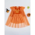 thumbnail image 2 of FAROOT Robe d'Halloween pour Petite Fille Imprimé Visage de Citrouille Manches Longues Col Rond Patchwork en Tulle Robe Trapèze avec Châle, 2 of 7