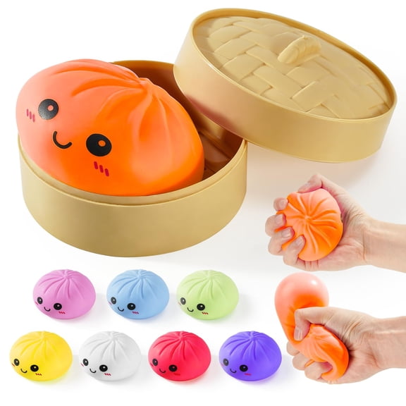 Mystery giant dumpling squishy, rainbow stress balls with steamer, stretchy toy for holiday gifts.