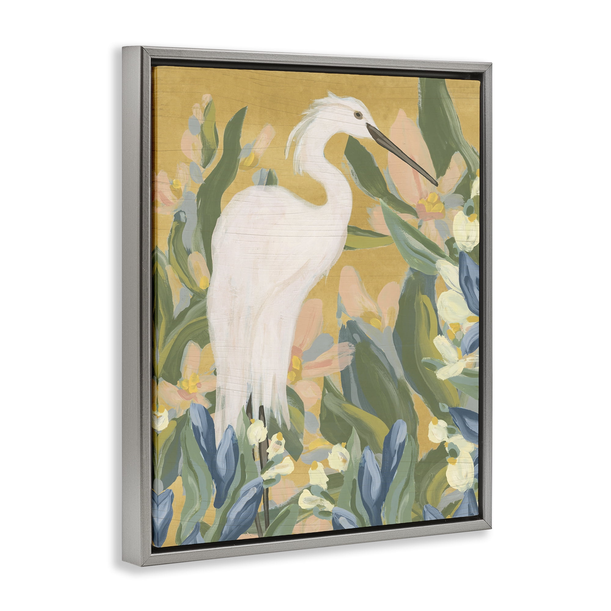 Stupell Industries Egret & Lake Vegetation Animals & Insects Painting Gray Floater Framed Canvas Art Print Wall Art, 17 x 21