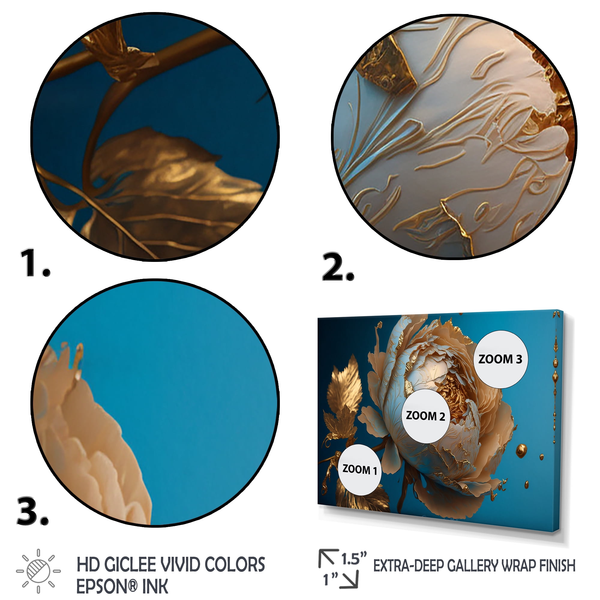 Designart Ice Blue And Gold Peony I Canvas Wall Art