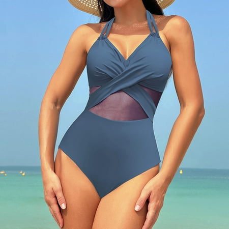 MSJUHEG One Piece Swimsuit Women Blue Swimsuits for Women Tummy Control Bikini Halter Piece Mesh Hollow Out Monokini V Neck Bathing Suit One Piece Body Suits for Womens High Waist Bikini Blue 3 L