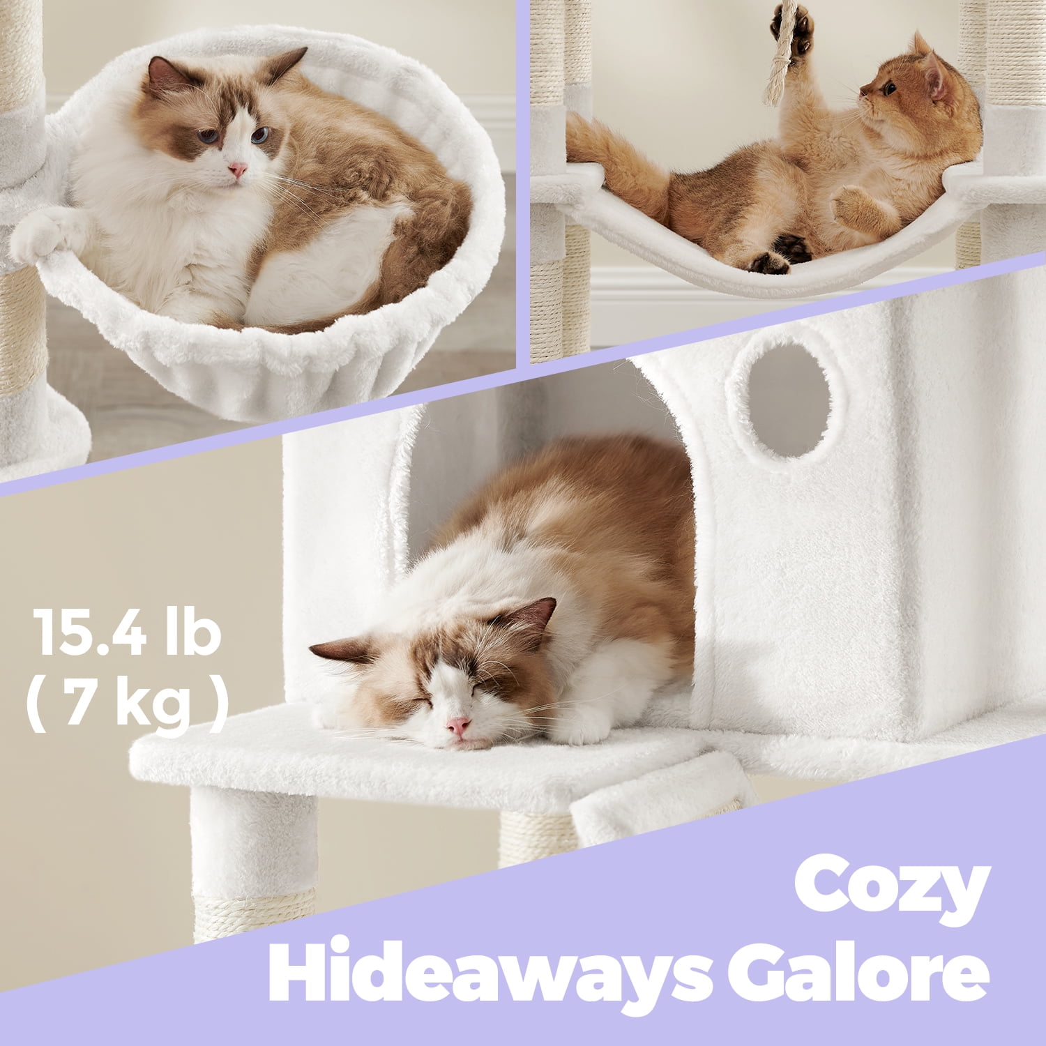 LEDREM 81.1-Inch Multi-Level Cat Tree with 13 Scratching Posts & Hammock - Large Cat Tower with 2 Perches & Caves, Cream White