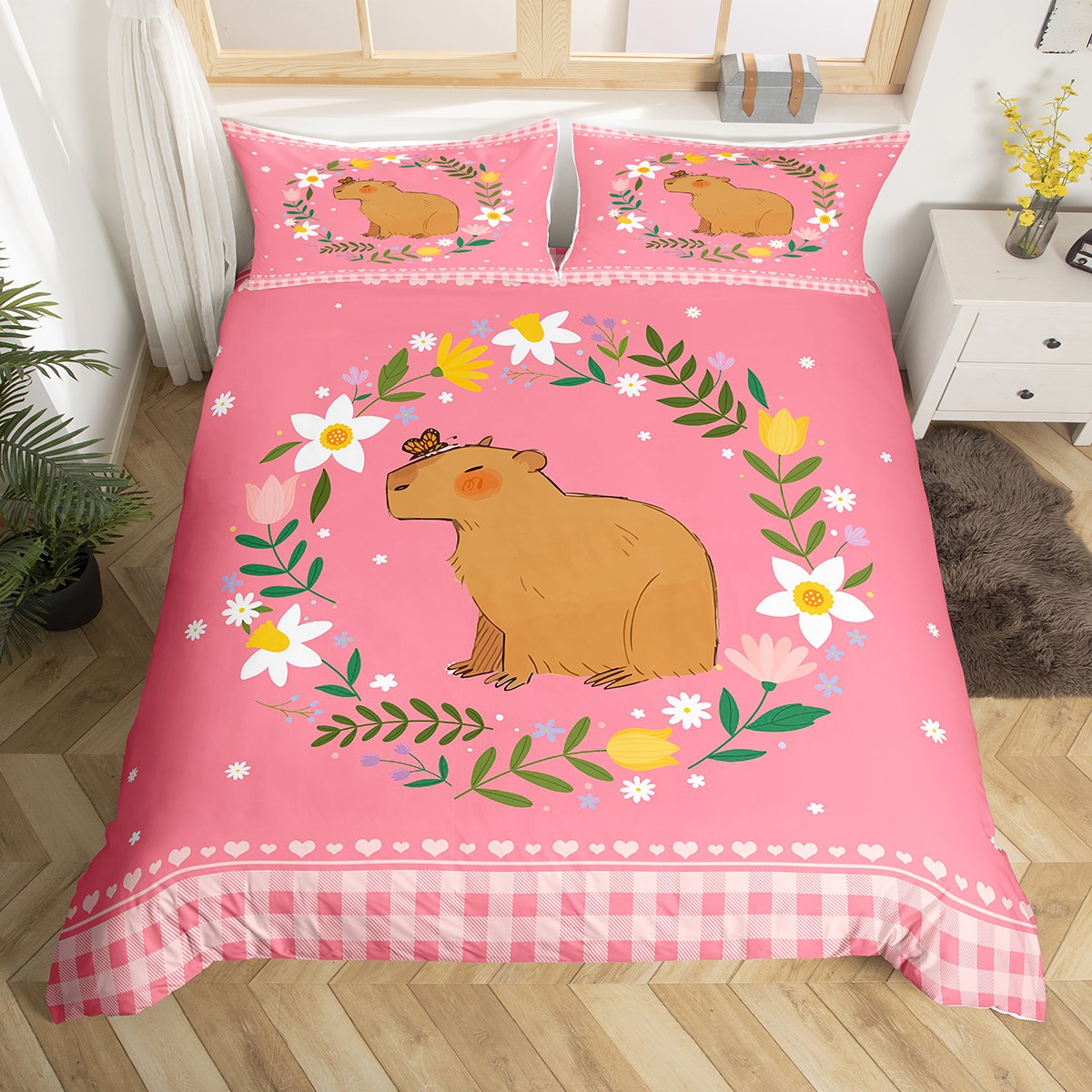 YST Kids Capybara Duvet Cover King Pink Cartoon Bedding Set, Daisy
