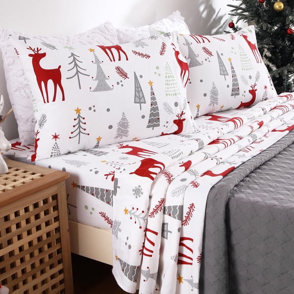 Christmas Sheets 100% Cotton Flannel Holiday Bed Sheet Set, Deep Pocket Fitted Sheet, Soft Warm Brushed Christmas Sheet