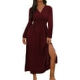 thumbnail image 2 of Roncen Women's Solid Color Long Sleeve V-Neck Maxi Dress - Elastic Waist with High Slit Design, Elegant Flowy Casual Dress for Daily Wear, Office, Evening Occasions, 2 of 8