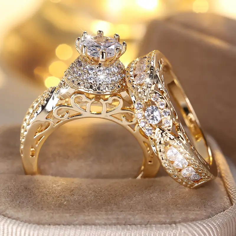 Bluebell Jewels Gold Plated CZ Halo Bridal Ring Set for Women – Vintage-Inspired Engagement & Wedding Band Gift