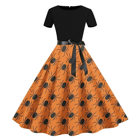 TopLLC Halloween Costume Women's Halloween Casual Short-Sleeve Round-Neck Belted Irregular Printed Full Dress Renaissance Gothic Dresses Medieval Steampunk Dress