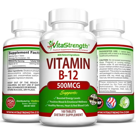 VitaStrength La vitamine B12 - 500 microgrammes - favorise un système nerveux sain et donne à votre humeur un coup de pouce - 100 comprimés