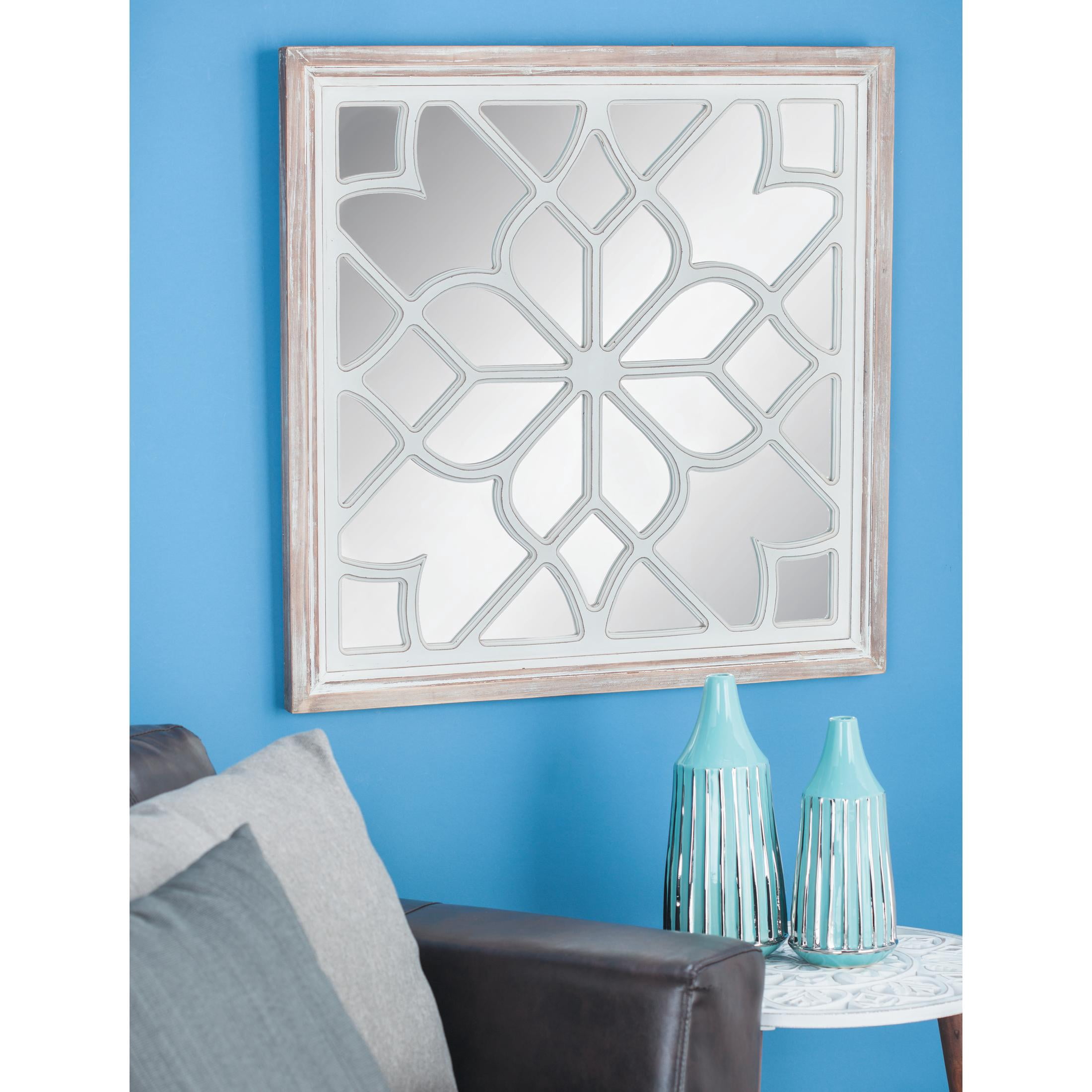 DecMode White Wood Floral Room Wall Mirror with Carved Overlay and Brown Frame, 30" x 1" x 30"