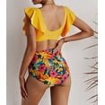 thumbnail image 3 of Women's Yellow Floral Ruffled Hem High Waist Bikini Set, 3 of 12