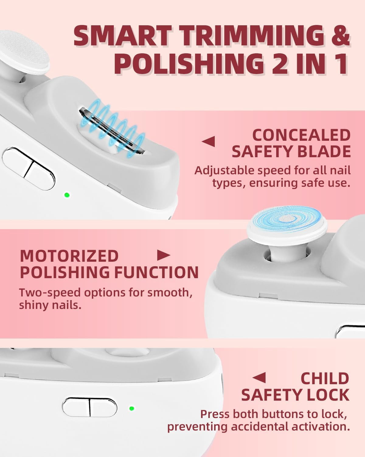 TrendMallOasis 2026 Upgraded Electric Nail Clipper, 3 in 1 Automatic Nail Trimmer and Polisher with LED Light & Clip Storage,USB Rechargeable - 2 Speeds Electric Nail File for Baby, Adults, Seniors