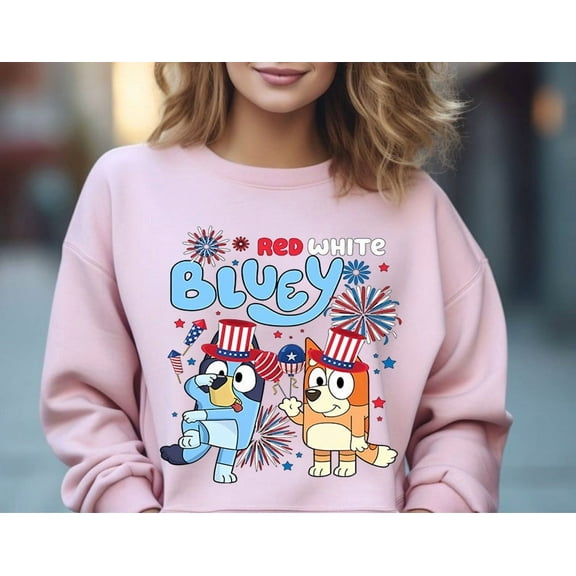 Bluey Sweatshirt, Red White Bluey Fourth of July Shirt, Day Shirt, Bluey 4th of July Shirt, Bluey Party In The USA Independence Day, Light Pink Color size S