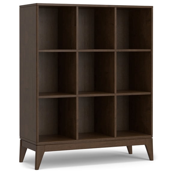 Harper 52 inch x 42 inch Solid Wood Mid Century Modern 9 Cube Storage in Walnut Brown