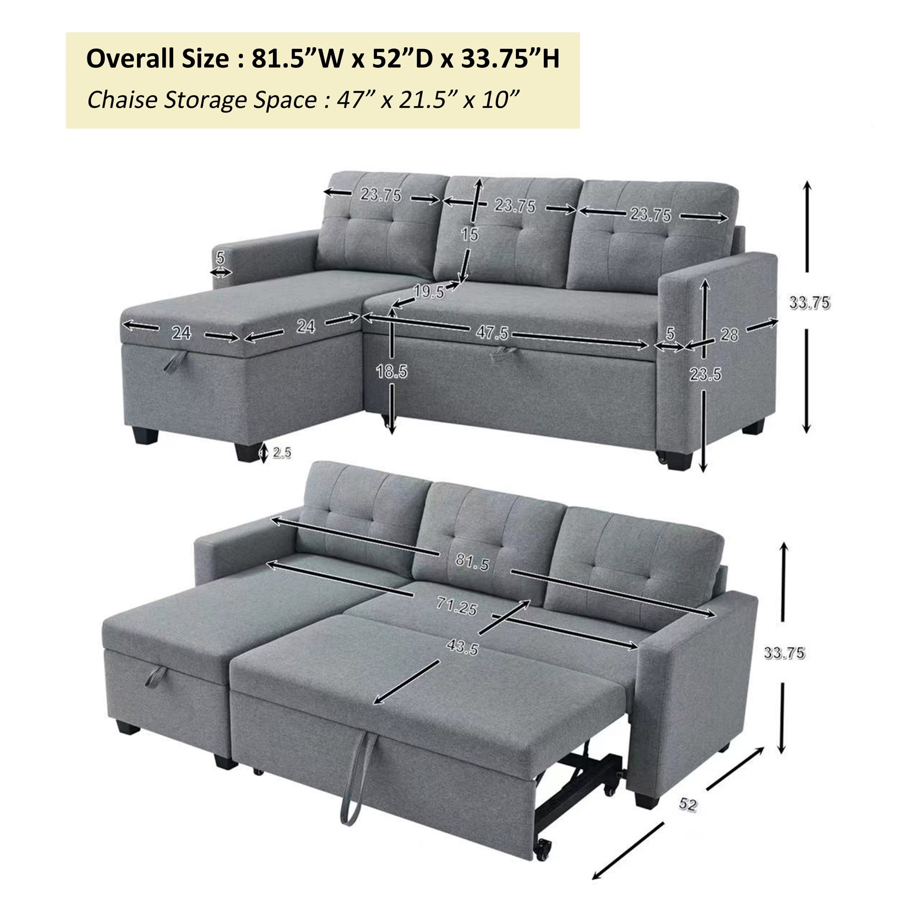 4-in-1 Convertible L Shaped Sleeper Sofa with Pull Out Bed and Storage Chaise, Linen Sectional Corner Couch with Removable Back Cushions for Living Room, Apartment, Bedroom,Office,Light Grey