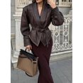 thumbnail image 1 of Chaqueta corta de cuero con cinturón para mujer, abrigo holgado de manga larga con cuello vuelto, ropa de calle elegante y cálida para invierno, 1 of 5