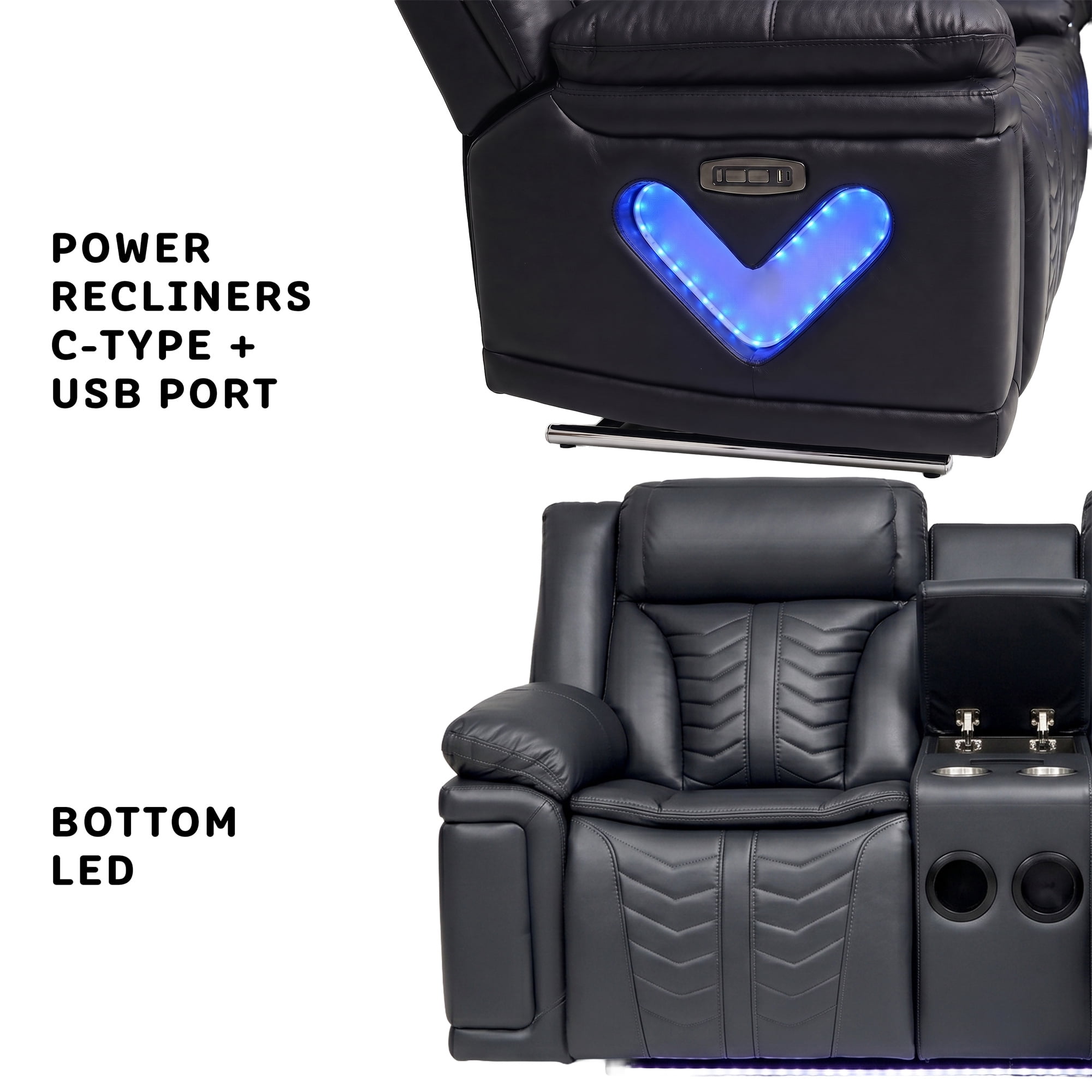 Electra Luxury Power Reclining Loveseat - Dark Grey Faux Leather Motion Console Couch with Built-In Bluetooth Speakers, Storage, Cup Holders, and Cinematic LED Lighting