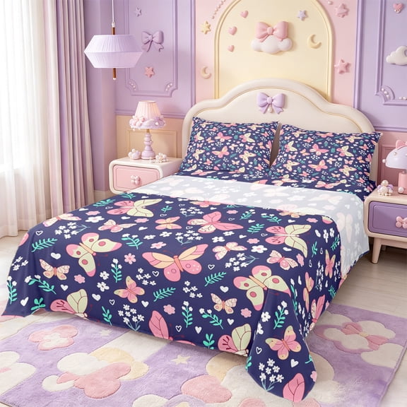 Manfei Bohemian Butterfly Floral Bed Sheets,Countryside Leaves Full Size Sheets,4-Piece,1 Flat Sheet,1 Fitted Sheet and 2 Pillowcases