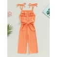 thumbnail image 2 of Kmbangi Kids Girls Jumpsuits Buttons Ruffles Sleeveless Solid Color Rib Knit Rompers Summer Casual Cami Playsuits with Belt, 2 of 8
