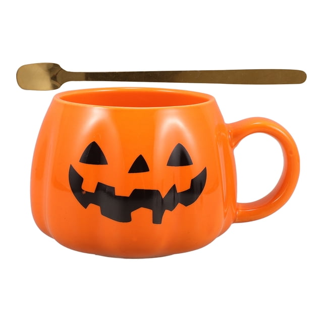 FELTECHELECTR 1 juego de taza de calabaza para Halloween, taza de agua con asa, taza de café de cerámica, taza de té con cuchara