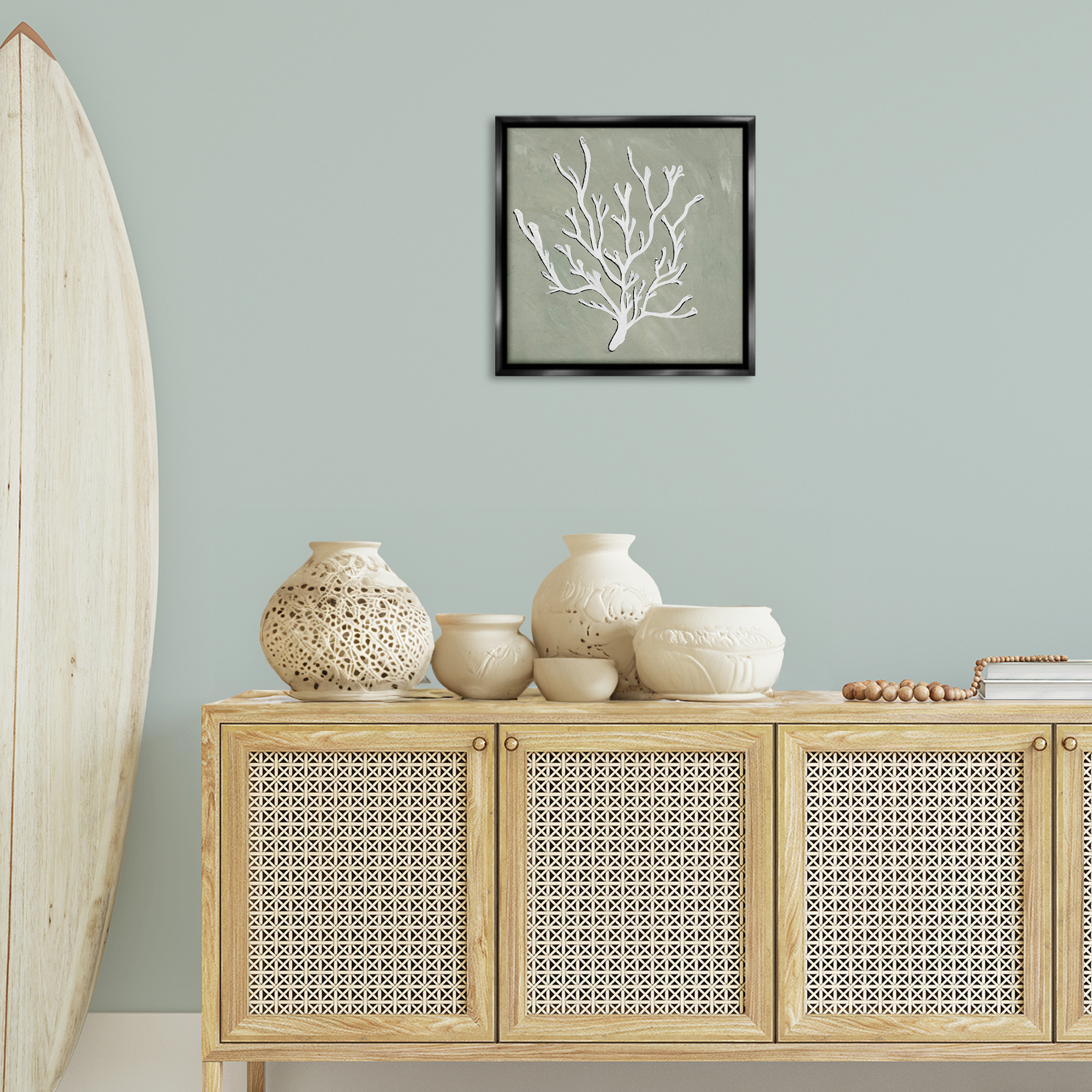 Stupell Industries White Coral Sprig Coastal Painting Black Floater Framed Canvas Art Print Wall Art, 18 x 18