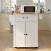 5-in-1 Mobile Kitchen Island Cart with Drawer, Cabinet, Spice Rack, Towel Bar & Adjustable Shelf | 33 White & Oak Rolling Kitchen Cart