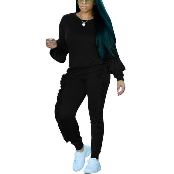 Akmipoem Pullover Sweatshirts for Women 2 Piece Ruffle Pants Jogger Scrubs Sets Sweatsuit Tracksuit