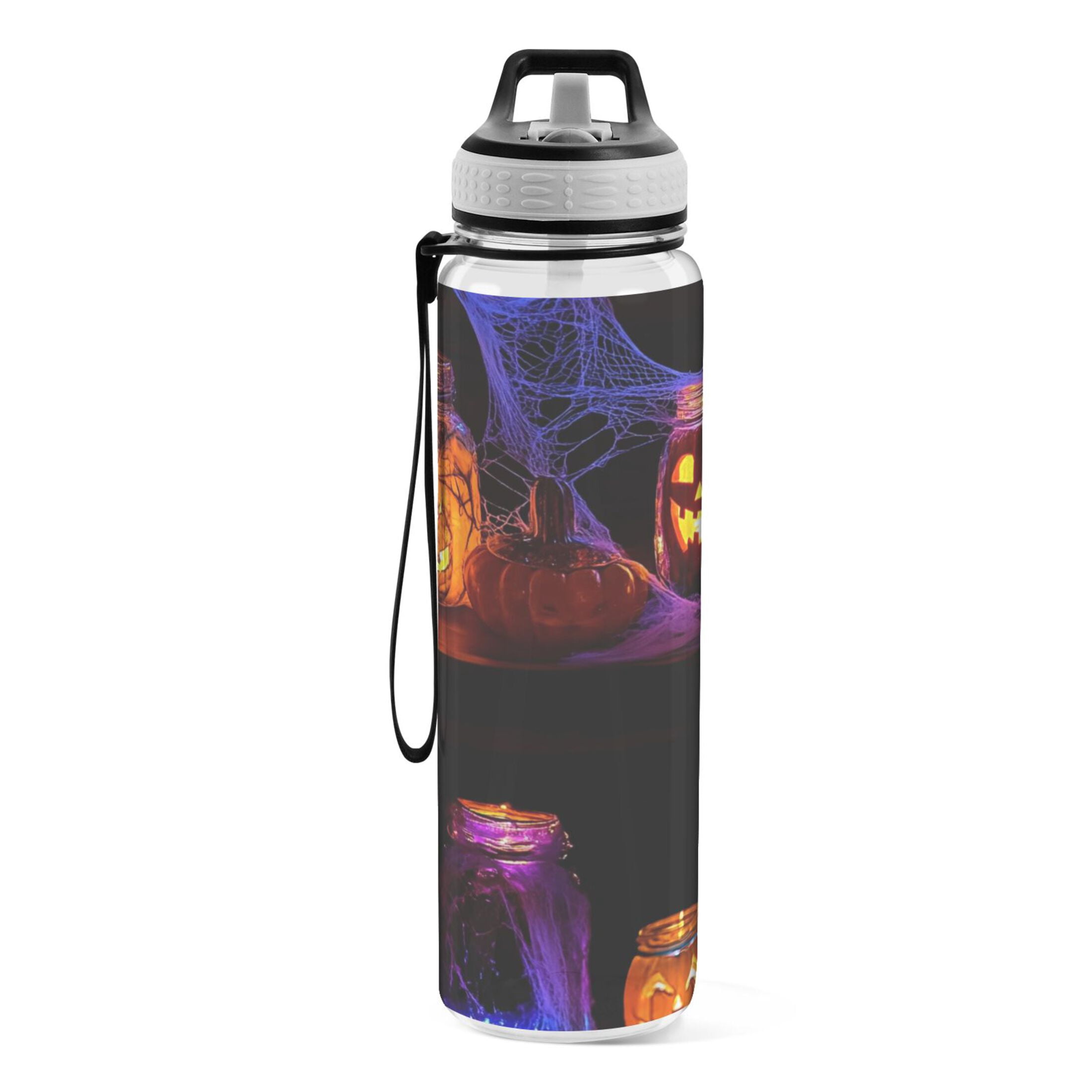 32oz Transparent Sports Water Bottle with Straw for Kids Adults Outdoor School Gym Fitness Glass Jars with Carved Faces