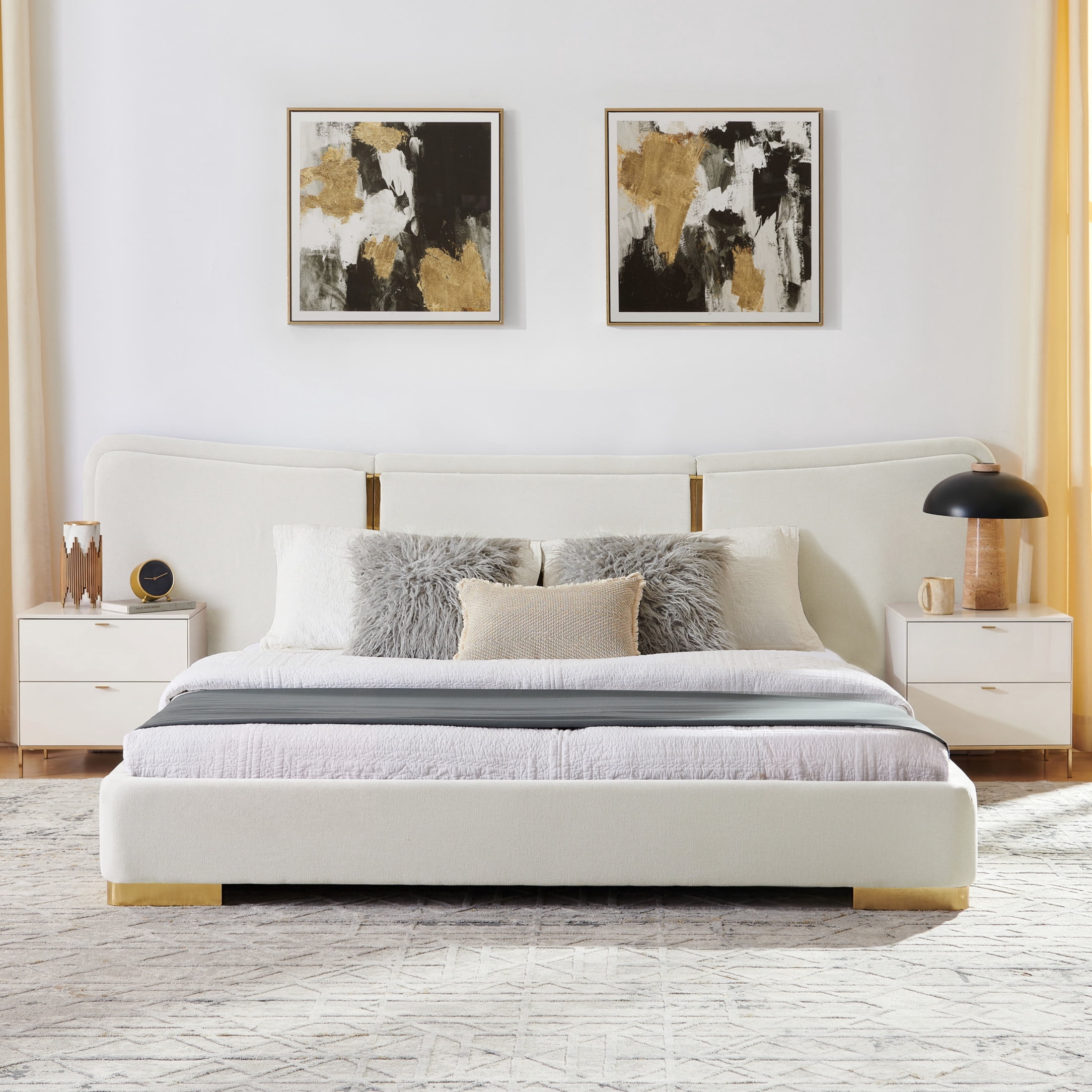 Noble House Zerra Queen Size Platform Bed, Chenille Upholstered Curved Headboard with Reinforced Metal Legs, Beige