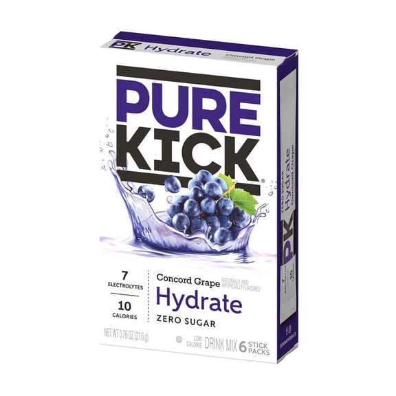 Pure Kick Hydrate Electrolyte & Caffeine Powder Drink Mix Concord Grape Pack, 6 Count Packets