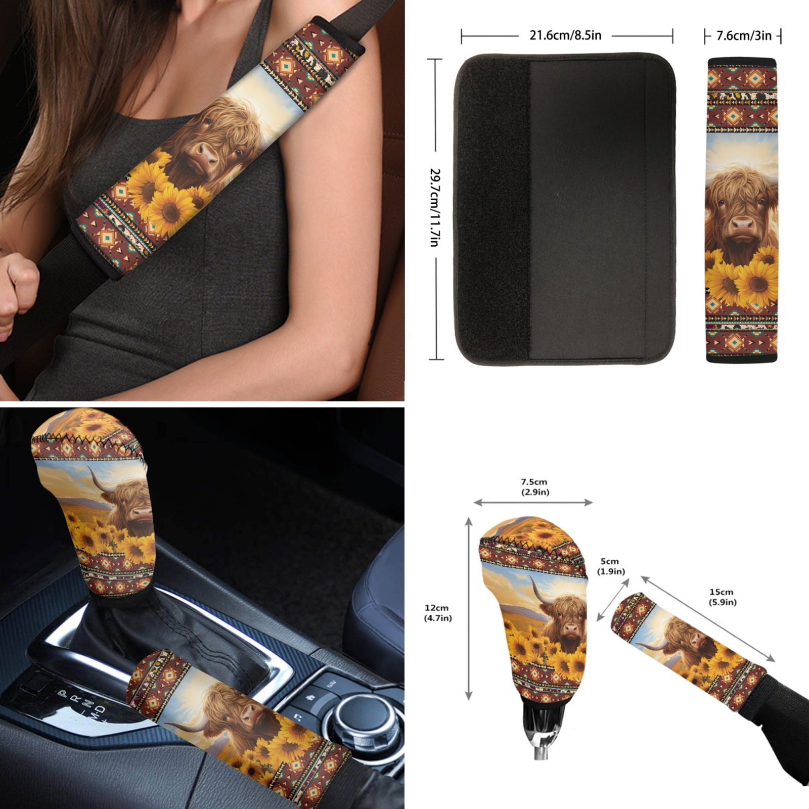 Renewold American Tribal Highland Cow Sunflower Car Seat Covers for Women with Steering Wheel Cover Seat Belt Pad Armrest Pad Handbrake Cover Gear Shift Cover Washable Cup Coaster Holder Seat Cover