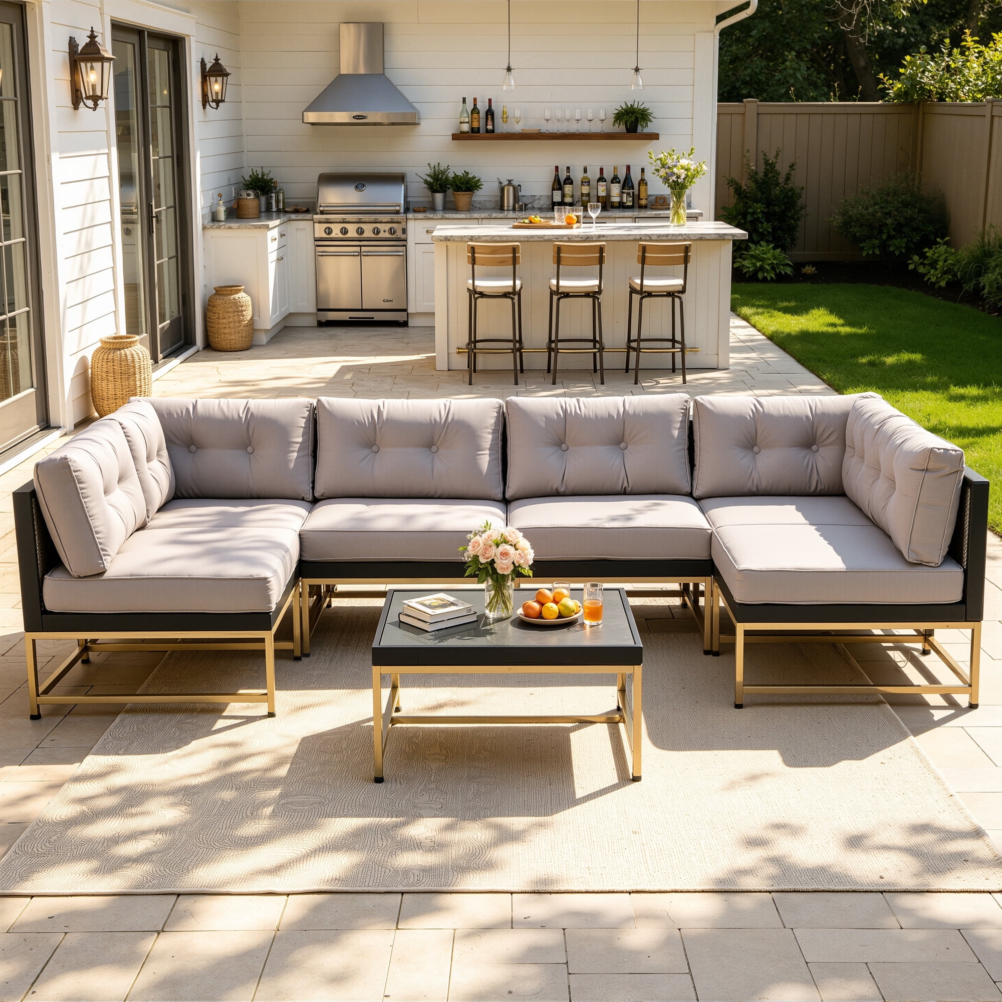 Patio Outdoor Furniture Sets, 7 Pieces All-Weather Rattan Sectional Sofa with Tea Table and Cushions, PE Rattan Wicker Sofa Couch Conversation Set for Garden Backyard Poolside