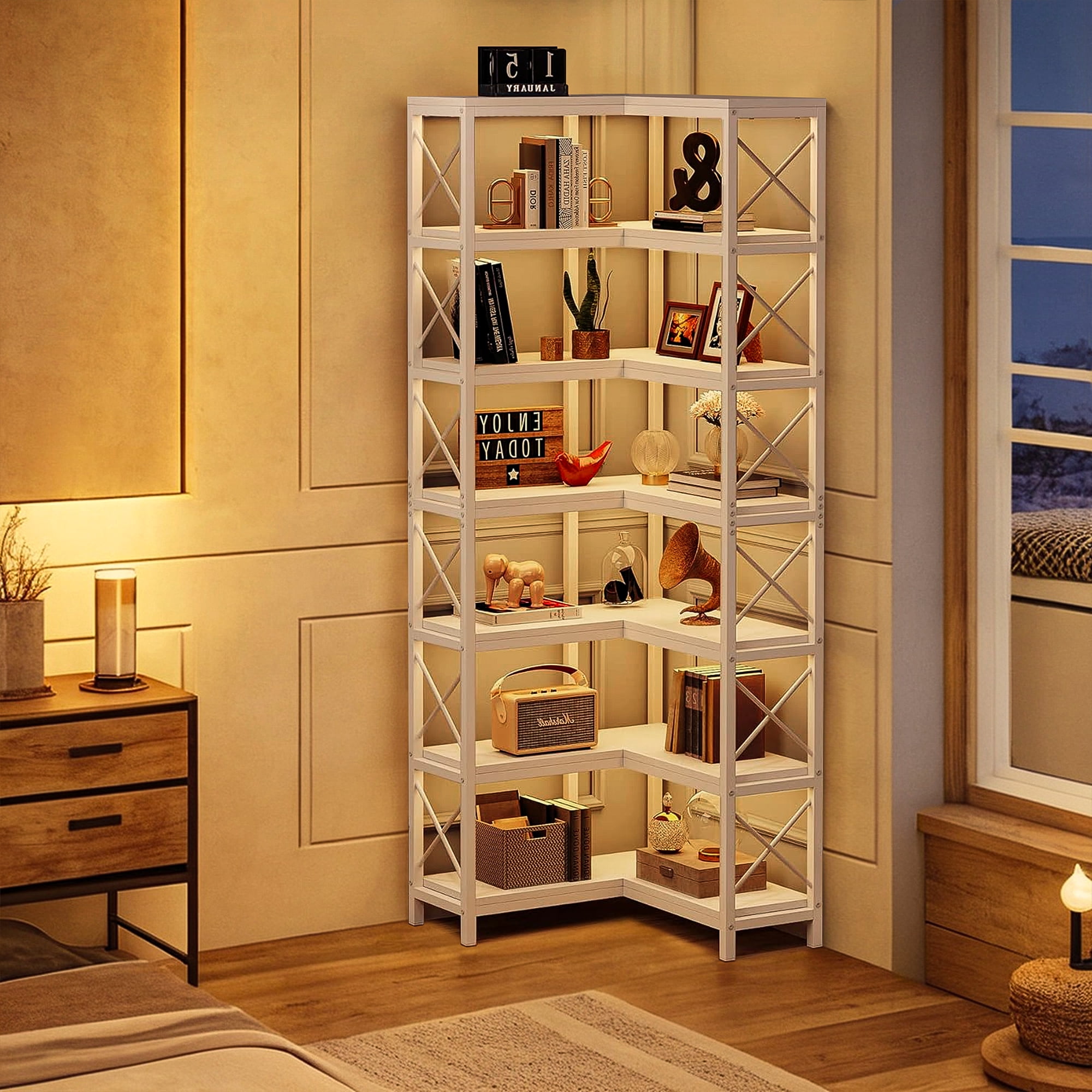 Demi Bonn 7 Tier Corner Bookshelf, Bookshelves, Open Etagere Bookcase Shelf Storage Organizer, Storage Shelving Unit for Bedroom, Living Room and Home Office, White