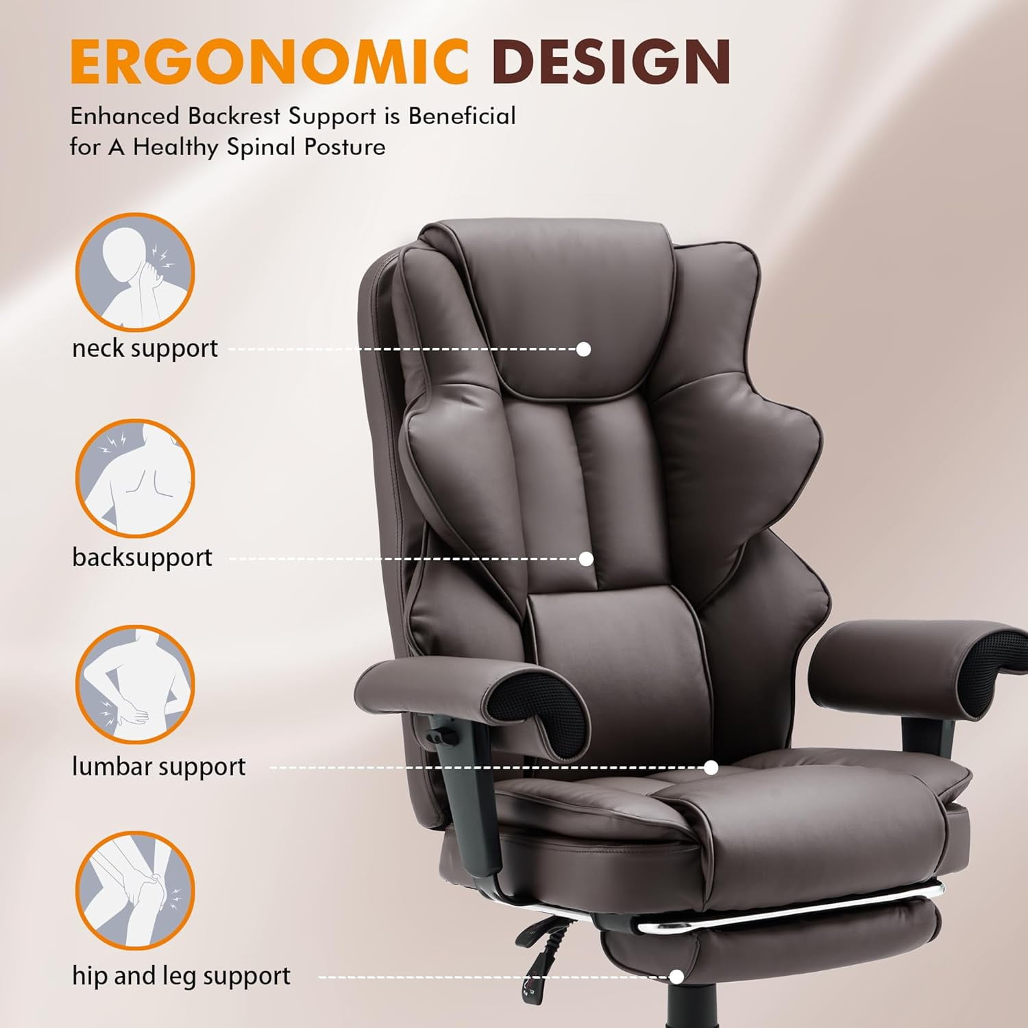Homrest 6-Point Massage Executive Office Chair for Adults, Heated Ergonomic Home Desk Chair with Adjustable Footrest, Armrests & Backrest (Brown)