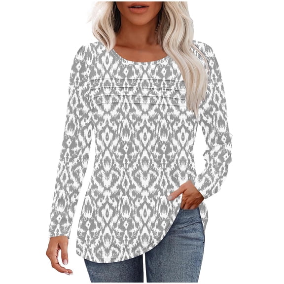 Quinlirra Blouses for Women Business Casual Plus Size Women's Casual Fashion Pullover Pleated Round Neck Printed Long Sleeved Shirt