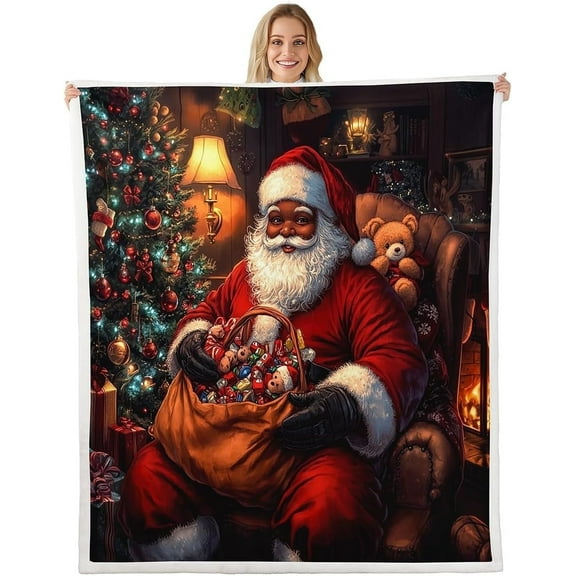 Kuscheln Christmas Fleece Throw Blanket - Xmas Theme Sherpa Throw 50"x60" for Bed, Sofa, Couch - Black African American Santa Claus Plush Bear Fuzzy Blanket