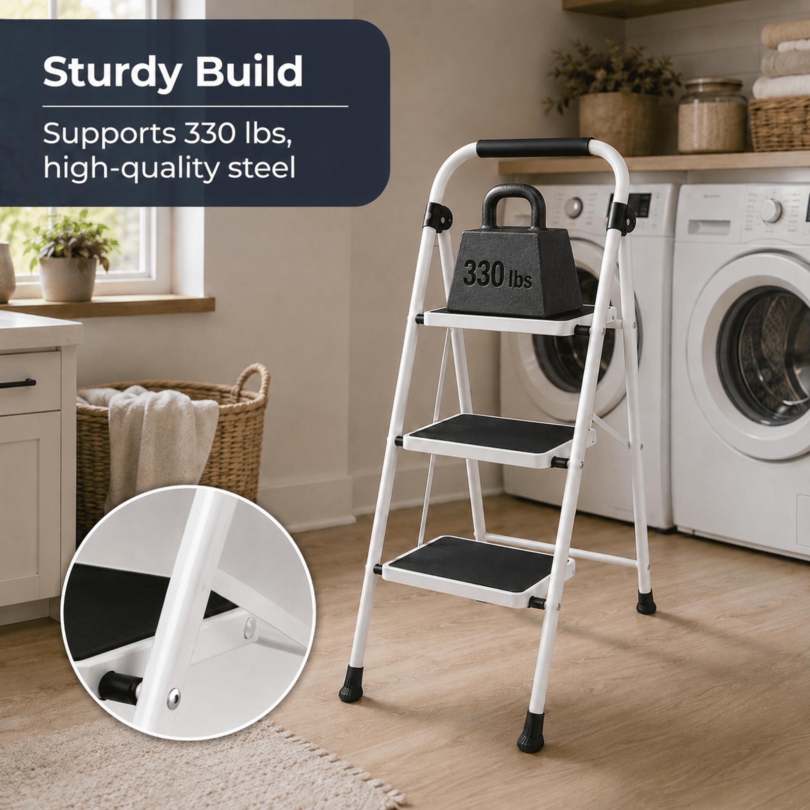 Alvantor 2/3-Layer Steel Step Ladder with Handrail and Wide Anti-Slip Pedals, Space-Saving, Portable for Home and Office Use