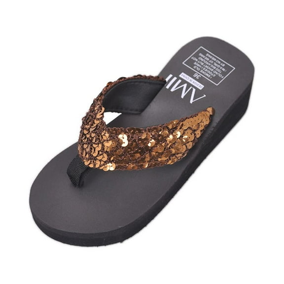 Women's Glitter Platform Sandals Shiny Thong Sandals Non-slip Wedge Heel Flops Size 38 (Coffee)