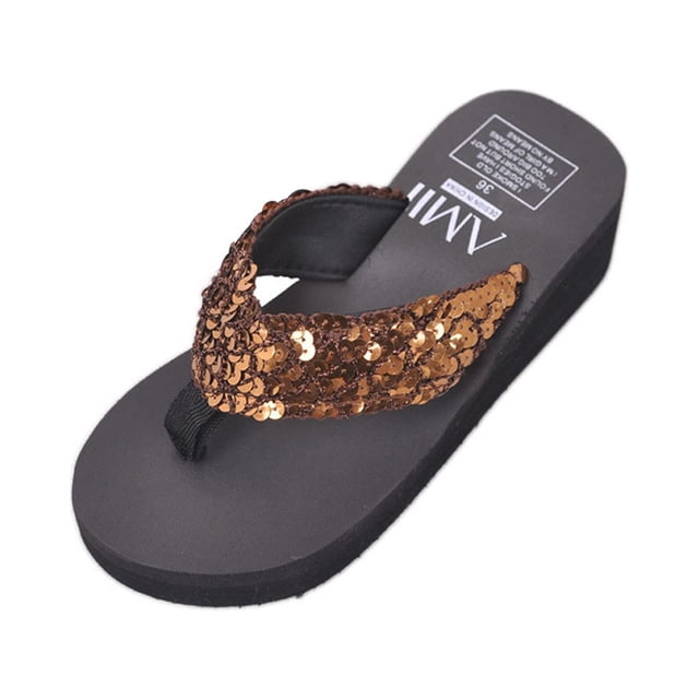 EeaseMX Sandalias de plataforma con purpurina para mujer, sandalias brillantes con tiras, tacón de cuña antideslizante, talla 40 (café)