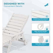 KINGYES Outdoor Chaise Lounge Chair, HDPE Patio Lounge Chair with Wheels & Cup Holder, 5-Position Adjustable Backrest, All-Weather Pool Lounger, White