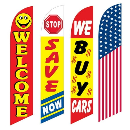 4 Advertising Swooper Flags Welcome Save Now We Buy Cars America