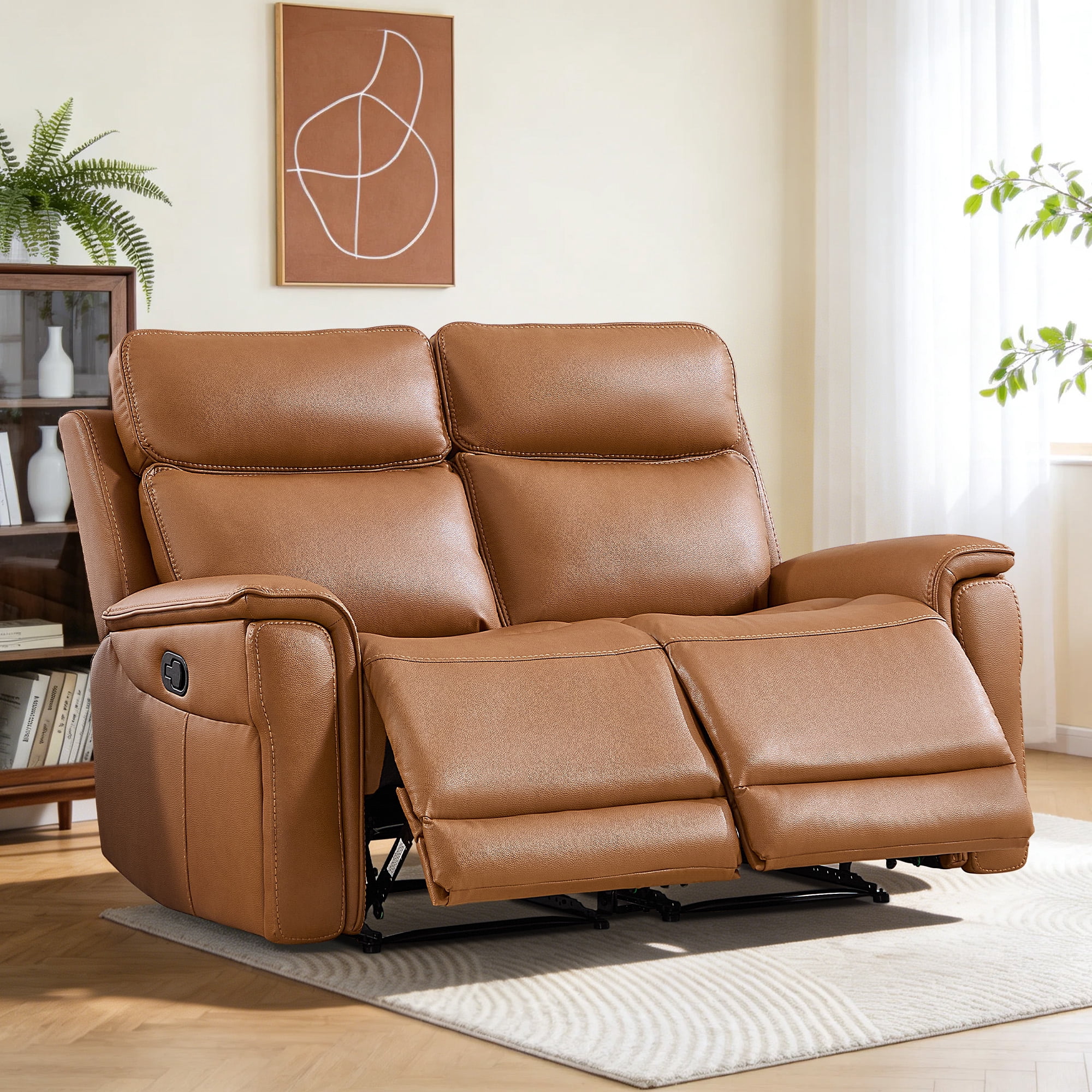 Ebello 2-Seater PU Leather Manual Recliner Sofa - Wall Hugger Loveseat with Hidden Cup Holder, Overstuffed Arms and Back, Reclining Couch for Small Spaces, Brown