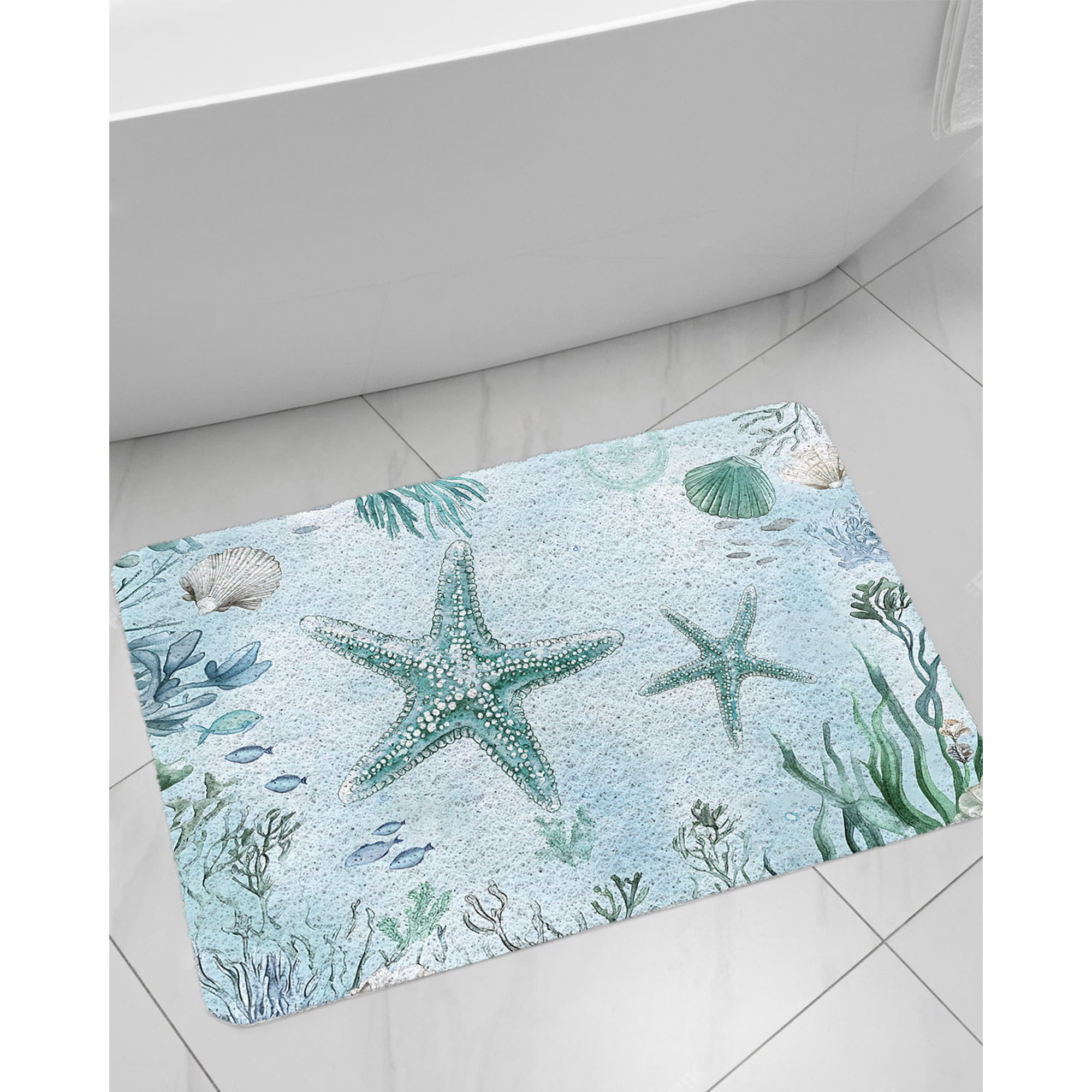 Teal Starfish Non-Slip Bathtub Mat, Summer Shell Coral Watercolor Nautical PVC Bath Mat for Tub Quick Drying Shower Mats for Inside Shower, Foot Scrubber Loofah Bathroom Mats 24x16 Inches