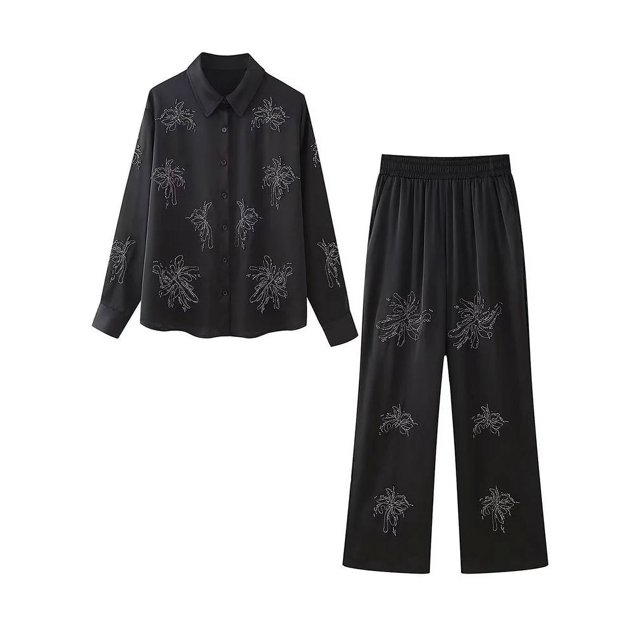 Ensemble Chemise à Sequins Décontractée pour Femmes Chic Col à Revers Manches Longues Pantalon Taille Élastique Ensemble de Printemps