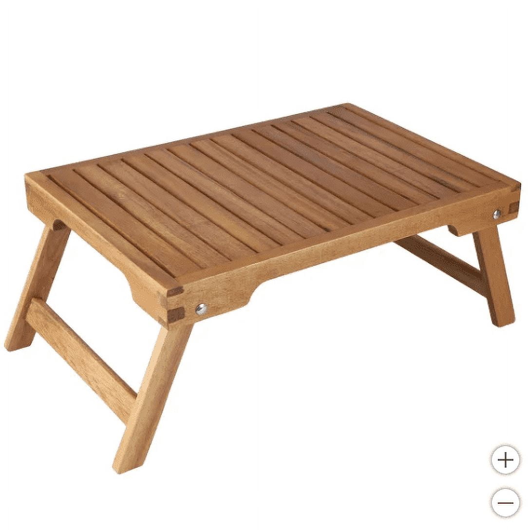 Melino Portable Beach Lounger with Acacia Wood Folding Table - Lightweight, Adjustable and Padded Backrest, Outdoor Chair with Backpack Straps and Large Pouch for Storage - Blue Stripe
