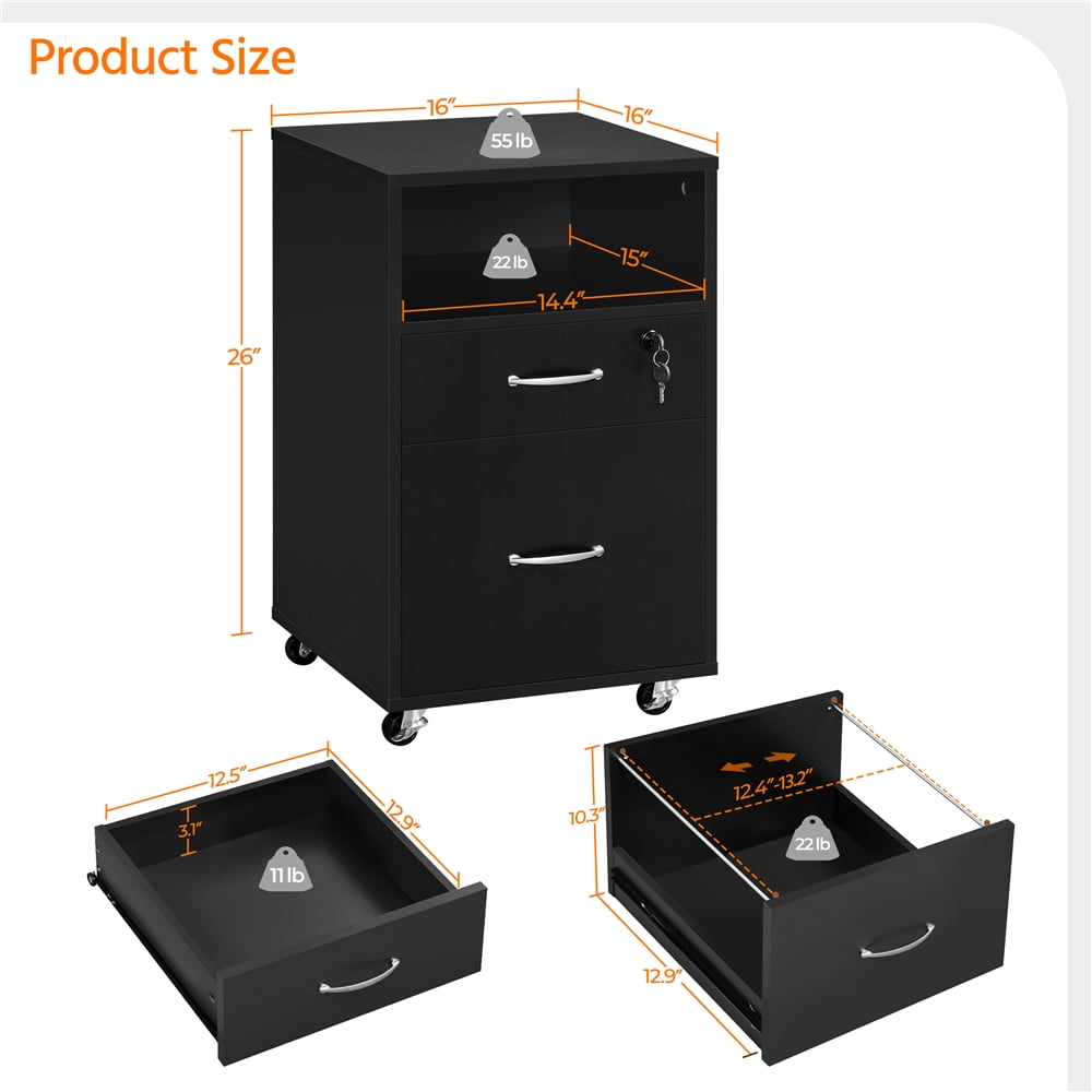 Yaheetech 2-Drawer Wooden Vintage File Cabinet with Wheels for Home and Office, Black