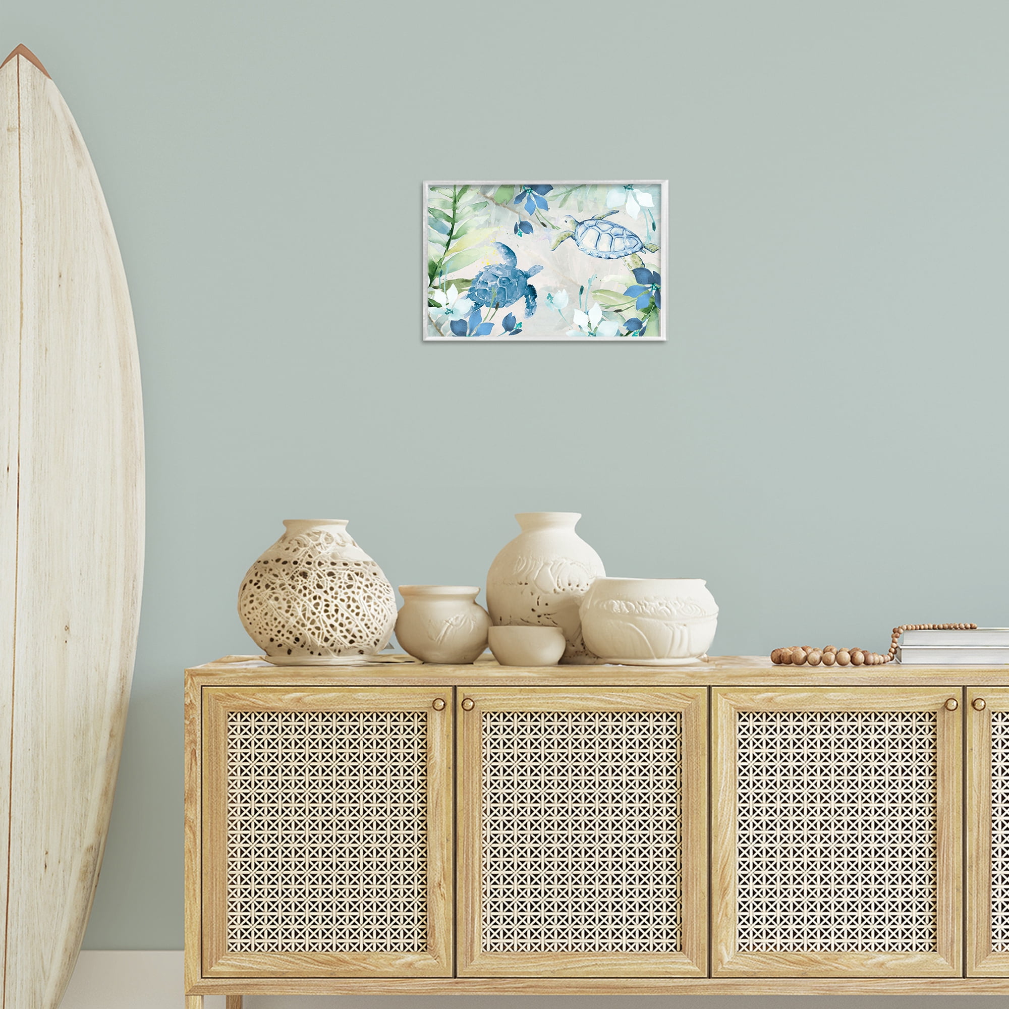 Stupell Industries Turtles Among Flowers Coastal Painting White Framed Art Print Wall Art, 18 x 12