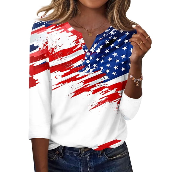 Women's Patriotic Star Print 250th Anniversary USA Shirt V-Neck Button 3/4 Sleeve T-Shirt