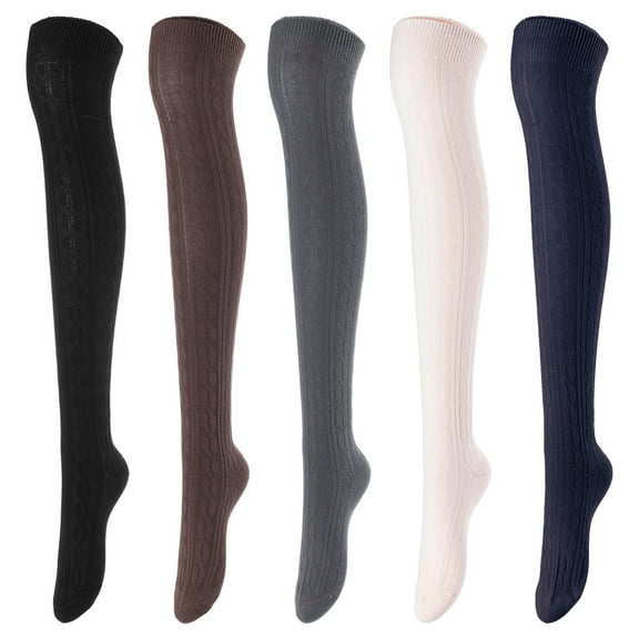 Lovely Annie Women's 5 Pairs Over Knee High Thigh-High Cotton Socks Size 6-9 L1024 5p5c11(Black,Coffee,Dark Grey, Beige,Navy)