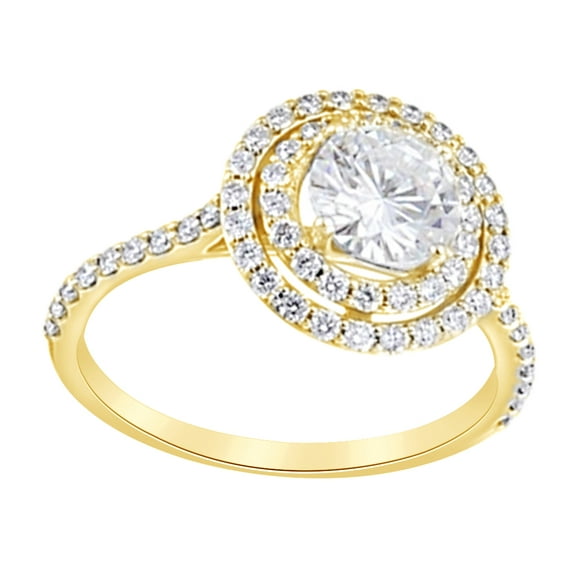 AFFY Simulated Moissanite Natural Diamond Double Halo Engagement Ring 14k Solid Yellow Gold, Ring Size-7.5