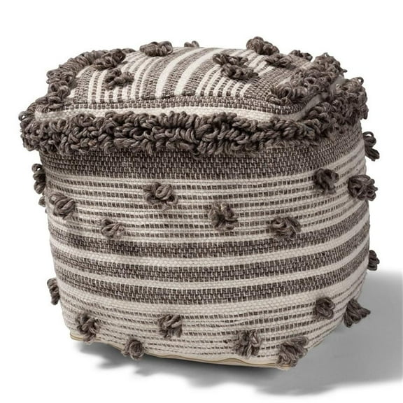 Baxton Studio Eligah Ivory and Brown Handwoven Wool Pouf Ottoman